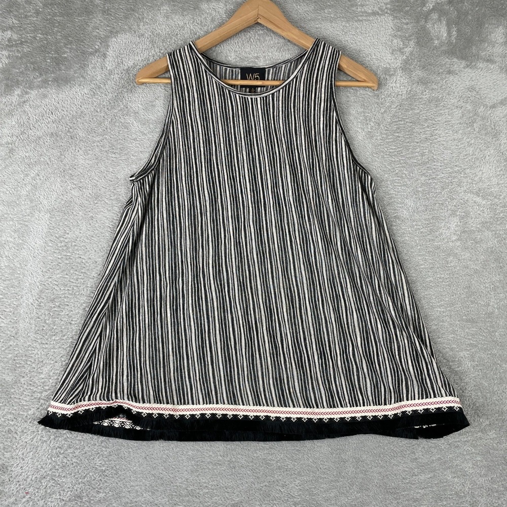 W5 Tank Top Womens Large Black White Striped Fringe Hem Boho‎ Sleeveless Knit